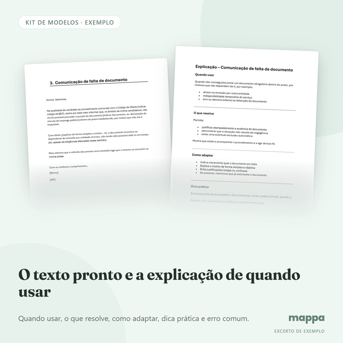 Um modelo do kit e a respetiva explicação de quando usar