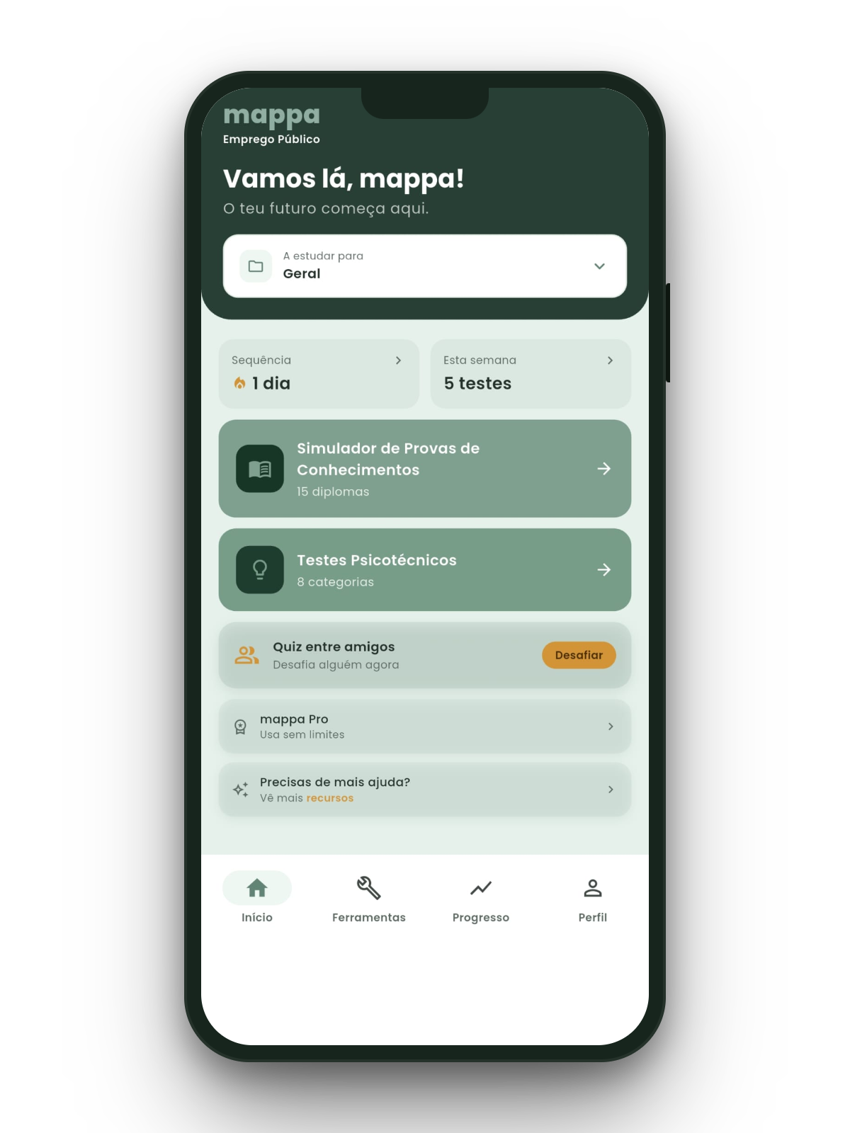 A app mappa aberta num telemóvel, no ecrã Início