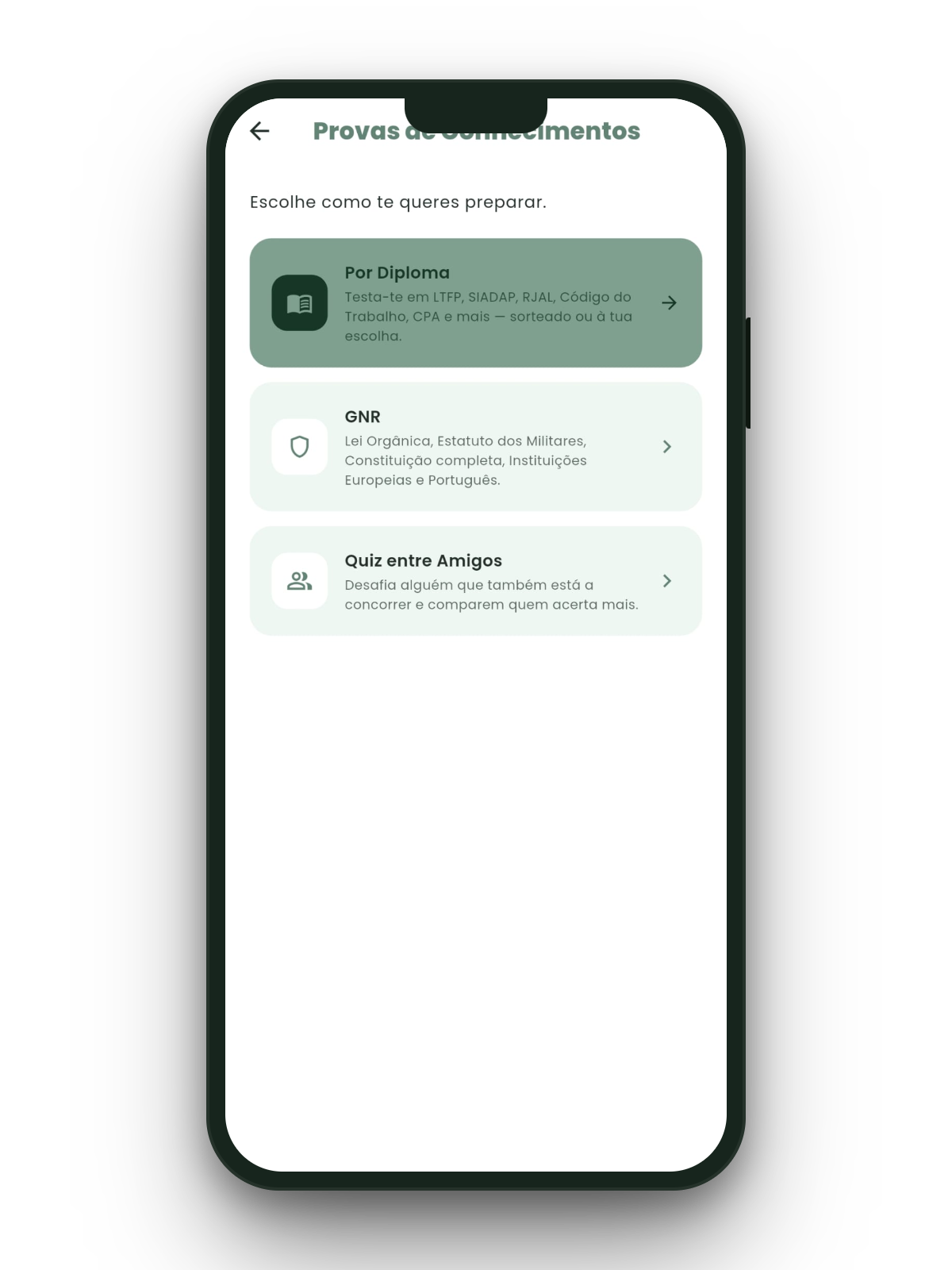 A app mappa aberta num telemóvel, no ecrã Provas de Conhecimentos