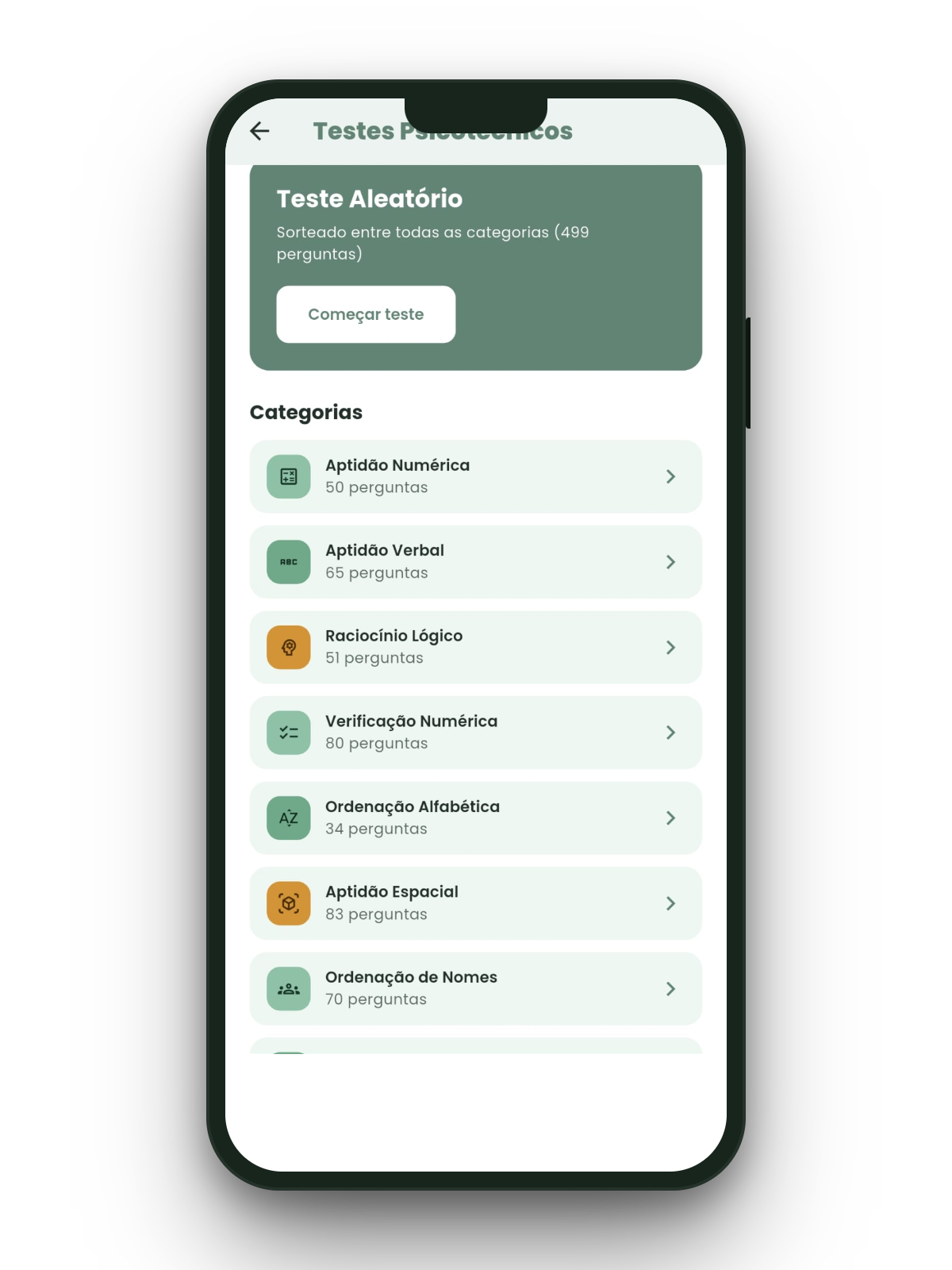 A app mappa aberta num telemóvel, no ecrã Testes Psicotécnicos